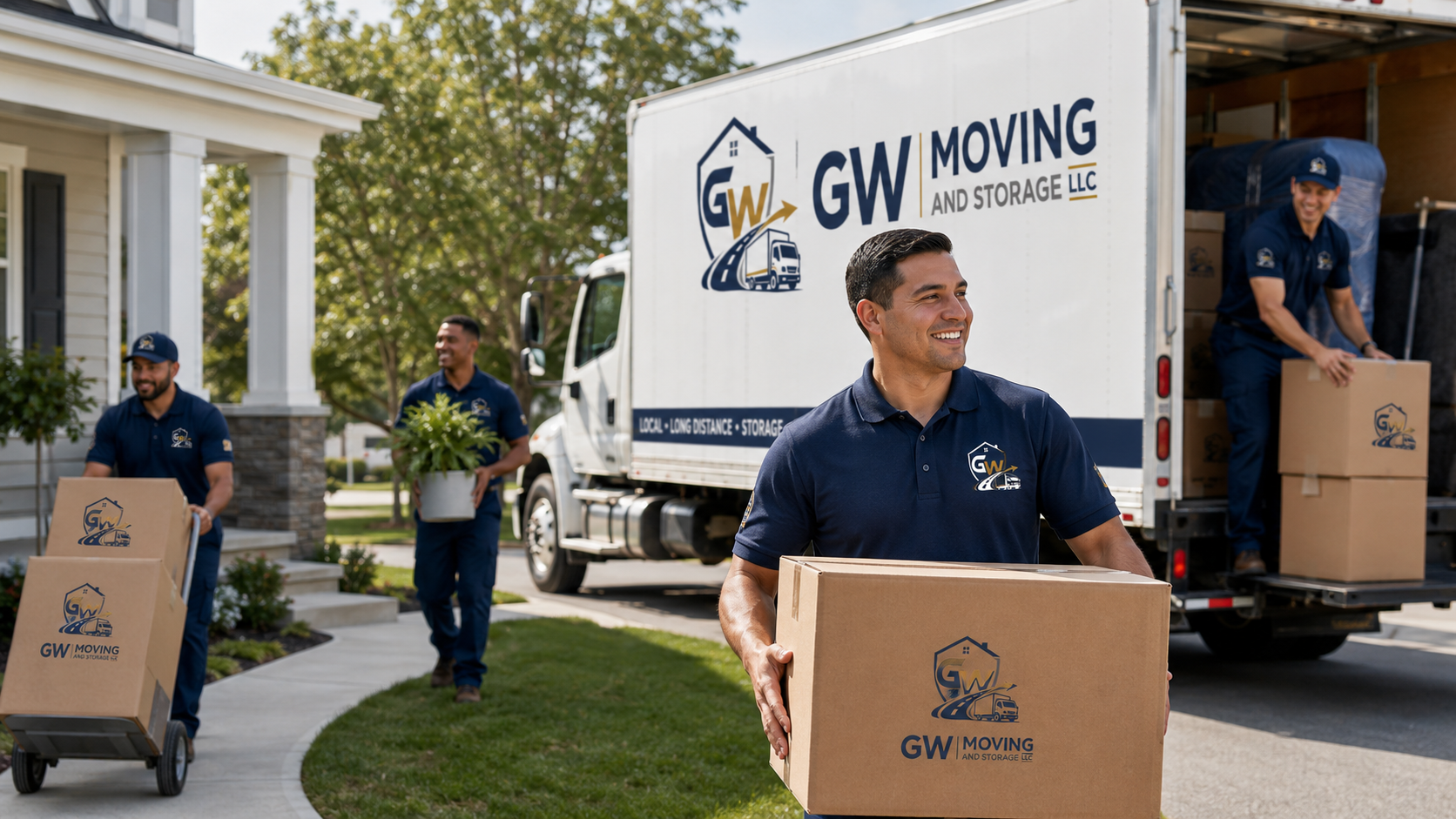 GW movers unloading a branded truck at a home
