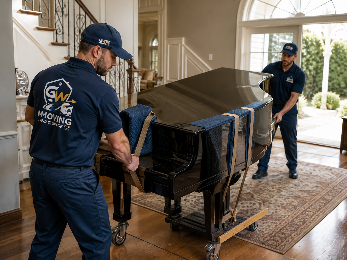 GW Moving and Storage team carefully moving a grand piano